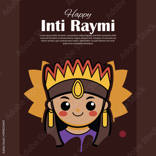 Illustration of a charming cartoon character celebrating inti raymi, featuring a traditional crown and vibrant cultural elements