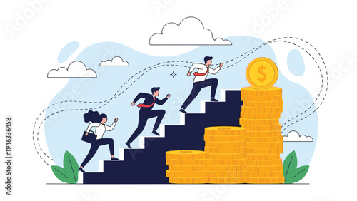 Career advancement and financial success pursuit shown with diverse people running up stairs made of gold coins towards a giant dollar coin.