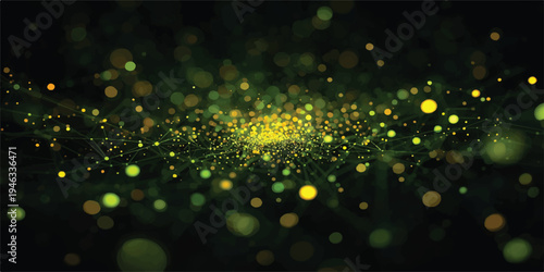 Glowing blue and green fiber optics background featuring a bright 3d motion pattern of sparkling light particles and glittery gold star spots for a festive holiday design