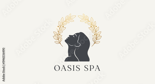Elegant Silhouette of a Womans Head with Laurel Wreath and Oasis Spa Text.