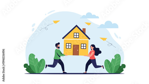 Home ownership and family moving concept featuring a man and woman carrying a small yellow house together against a blue sky background.