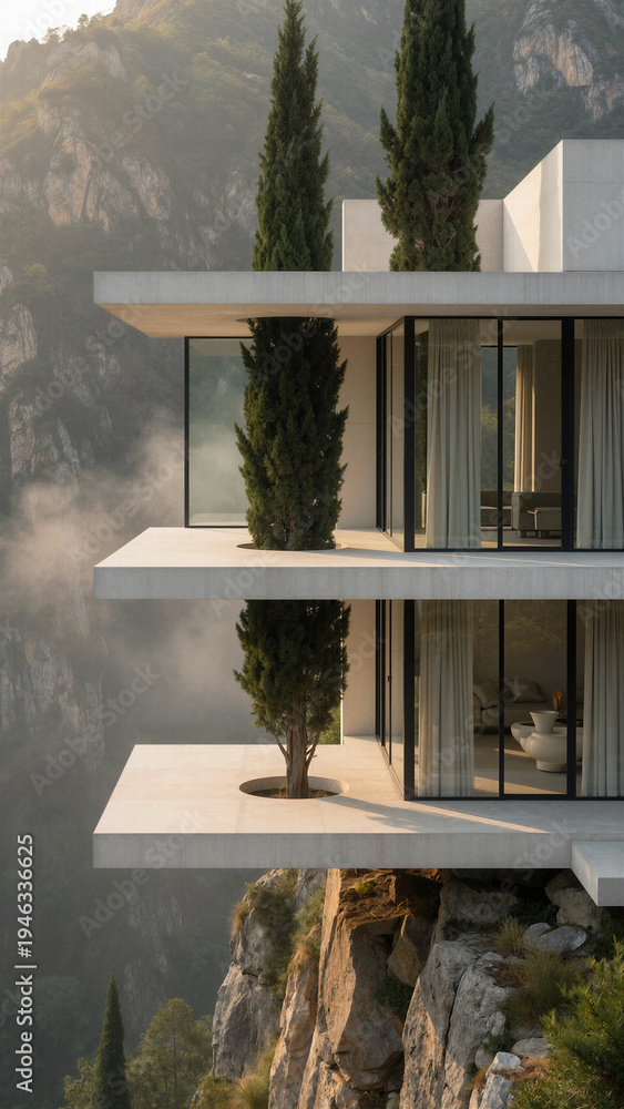 Naklejka premium Spectacular vertical modern house exterior clinging to a massive rocky cliff face, showcasing innovative extreme architectural design and high-end luxury living.