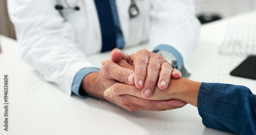 Quadro su tela Support, doctor and patient holding hands in office, bad news and compassion for healthcare follow up