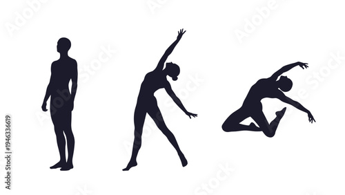 Artistic silhouettes of a contemporary dancer performing expressive poses showing flexibility and grace against a white background.