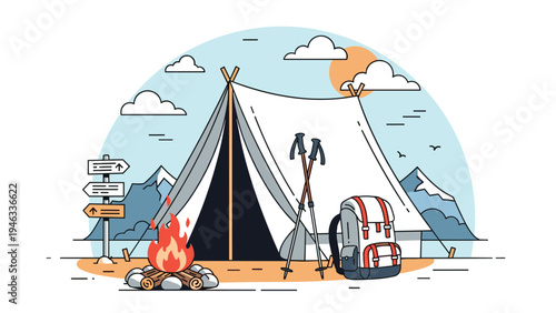 Peaceful outdoor camping site with a large white tent, a crackling campfire, a hiking backpack, and mountains in the distance.