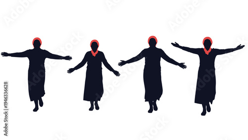 Group of silhouettes showing women in long dresses with their arms outstretched in various poses of joy and celebration.