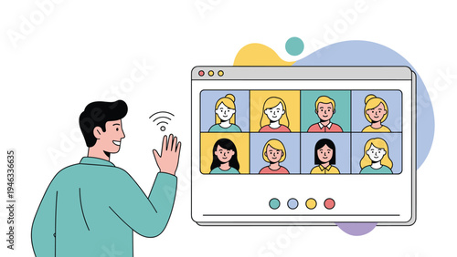 Young man sitting in front of a laptop screen waving his hand to a group of friends during a virtual video conference meeting.