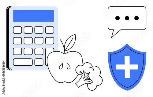 Health planning, nutrition advice, medical safety, wellness support, financial health, protection. Calculator, apple broccoli speech bubble shield. Health planning and nutrition advice