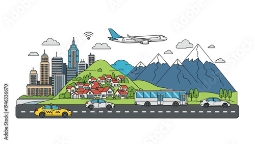 Extensive landscape illustration featuring a modern city skyline, a small village, high mountains, and various modes of transportation.