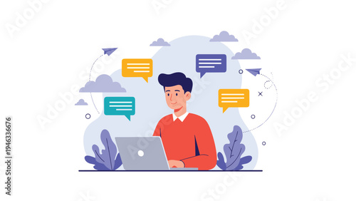 Young man focused on working on his laptop with several speech bubbles floating around him against an abstract blue background.