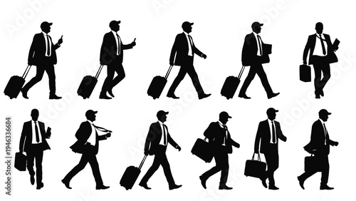 Multiple silhouettes of professional businessmen in suits carrying suitcases and briefcases while walking in various directions.