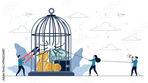 Group of people working together to break into a giant birdcage that contains money and a wallet to symbolize financial freedom.
