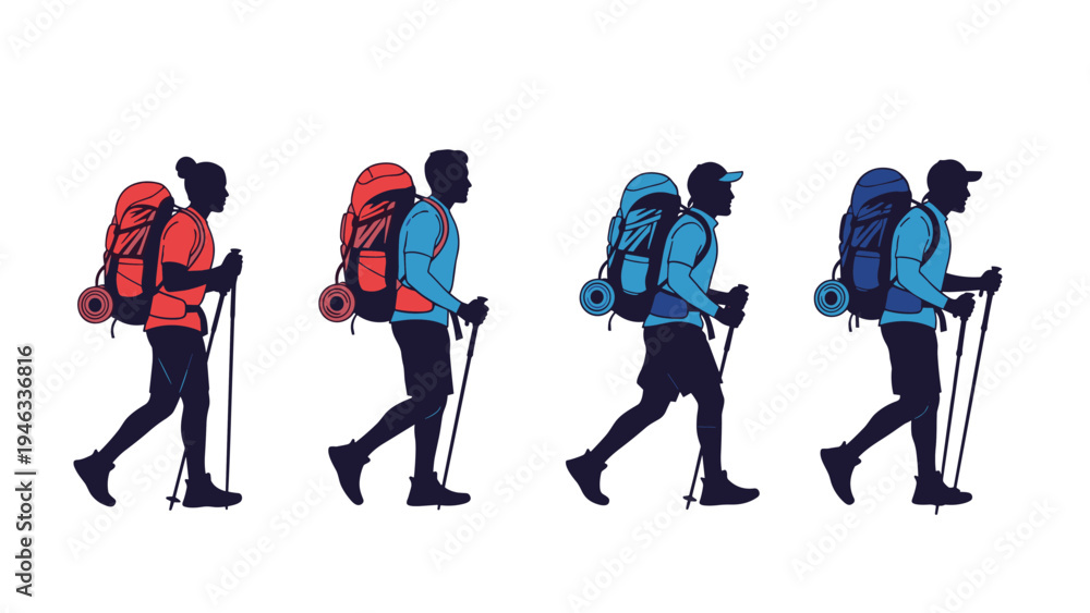 Obraz premium Motion sequence of silhouettes showing hikers with large backpacks and trekking poles walking steadily during an expedition.