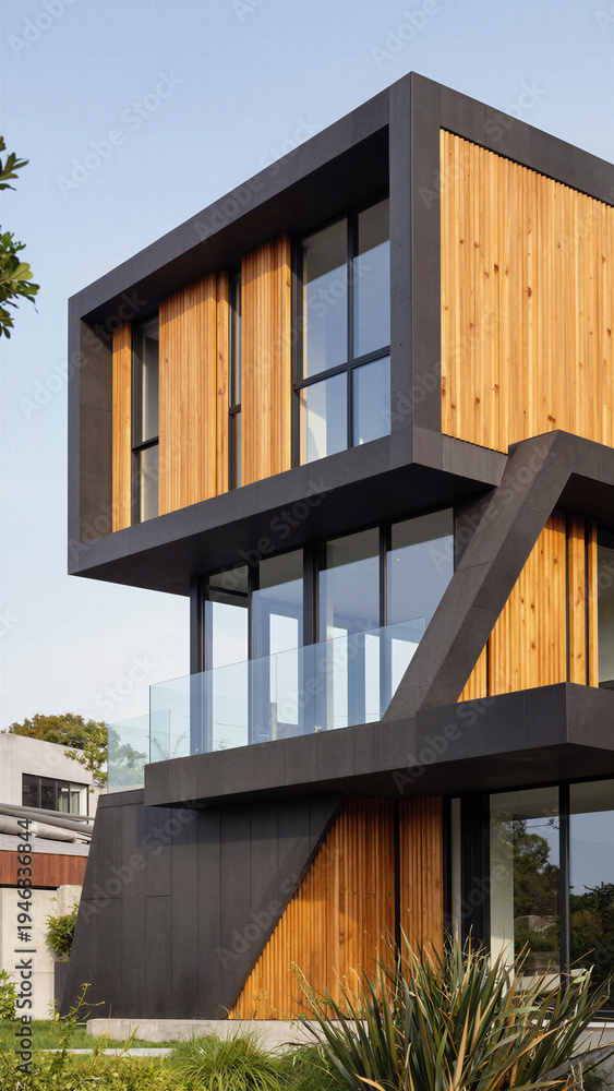 Obraz premium Futuristic and abstract contemporary architectural house exterior featuring striking angular geometric forms glowing warmly against a beautiful twilight night sky.