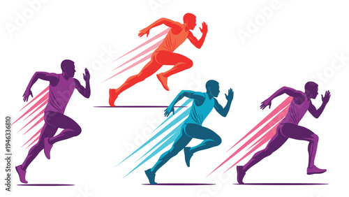 Stylized colorful silhouettes of four sprinters in mid-stride during a race representing speed, competition, and athleticism.