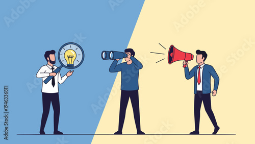 Three professional men using a magnifying glass, binoculars, and a megaphone to search for and communicate new business ideas.