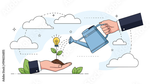 Creative business concept showing hands planting and watering a light bulb seedling to symbolize nurturing and growing new ideas.