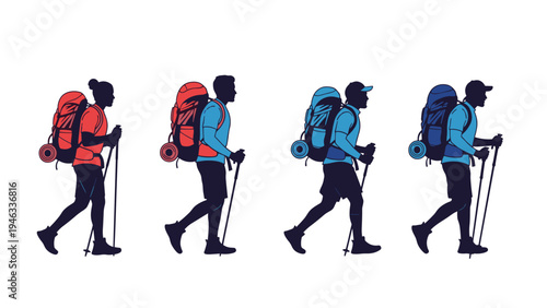 Motion sequence of silhouettes showing hikers with large backpacks and trekking poles walking steadily during an expedition.