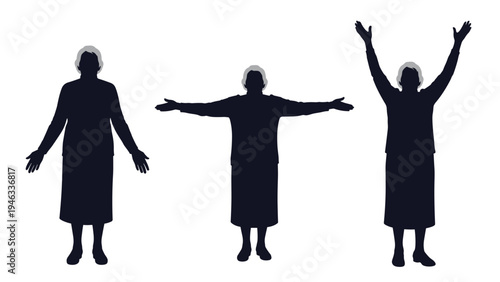 Silhouettes of an elderly woman in a long skirt performing three different arm positions against a plain white background.