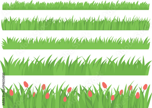 Green grass border vector set with spring flowers, summer lawn tufts isolated on white for garden design