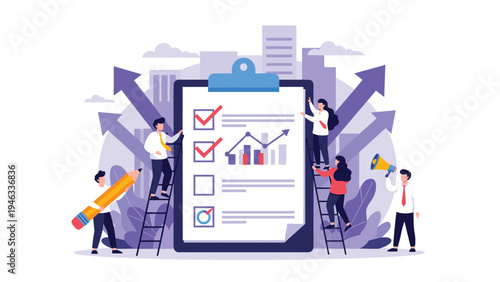 Productive business team working around a giant checklist and clipboard with growth charts and arrows in the background.