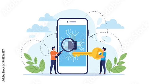 Mobile security and digital data protection concept shown with tiny professional people using magnifying glass and large key near smartphone.