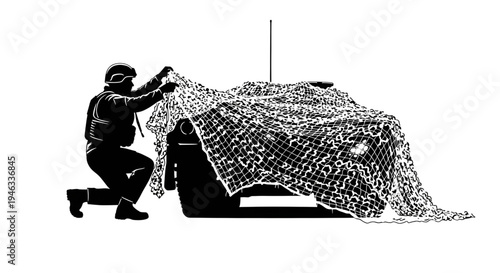 Military Soldier Applying Camouflage Netting to Combat Vehicle Silhouette