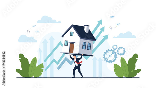 Real estate market growth and investment pressure shown with businessman carrying a house against backdrop of rising arrows and mechanical gears.