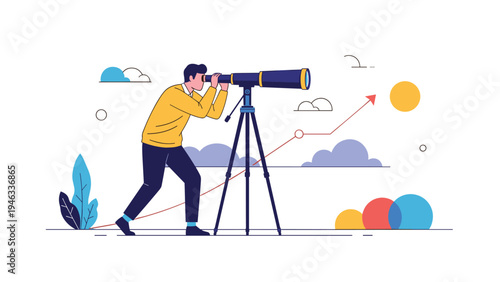 Strategic vision and business growth represented by professional man looking through telescope at rising arrow chart and sun symbol on horizon.