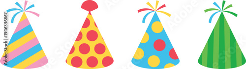 Colorful party hats vector set with polka dots and stripes, festive celebration cones for birthday event design