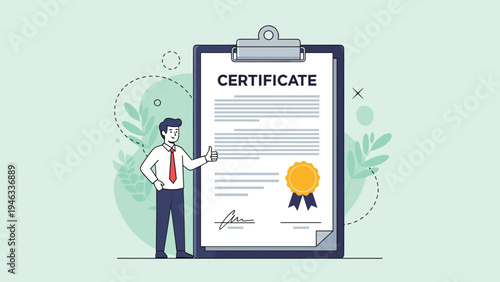 Professional certification and achievement concept featuring man standing next to large official document with gold seal and thumbs up gesture.