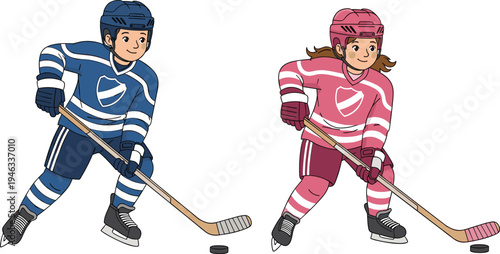 Young boy and girl hockey players wearing blue and pink uniforms with protective gear and helmets holding sticks playing ice hockey vector illustration.