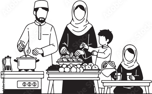 Muslim Family Preparing Food Together Ramadan Vector