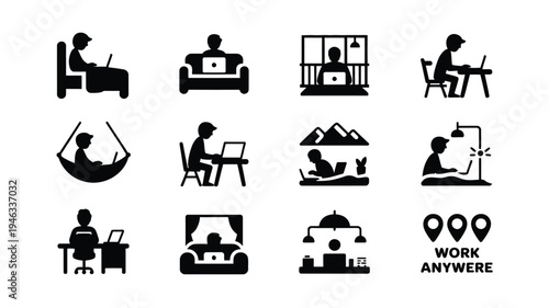 Vector icons of people working remotely from various locations with laptops