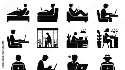 Vector illustration of people working remotely from various home settings with laptops