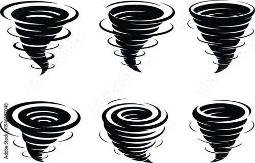 Tornado silhouette vector icon set, black wind swirl and hurricane storm shapes for extreme weather forecast design