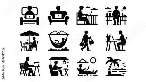 Black silhouette icons of people on vacation relaxing and working remotely on beach and outdoors