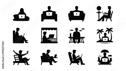 Vector icons of people watching youtube on various devices in different settings