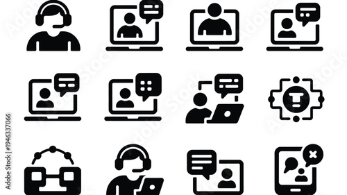 Vector illustration of various communication icons people with laptops and headsets chat bubbles and gear symbols on white background