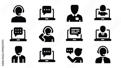 Customer service icons set with people wearing headsets and chatting on laptops for support and communication