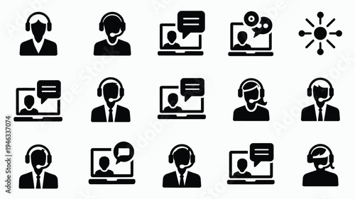 Vector illustration of customer service icons with people wearing headsets and chatting on computers for business communication