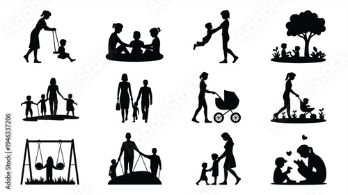 Vector illustration showcasing various family and parenting moments in black silhouettes on white background
