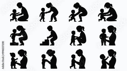 Vector illustrations of mother and child bonding parenting and childcare silhouettes