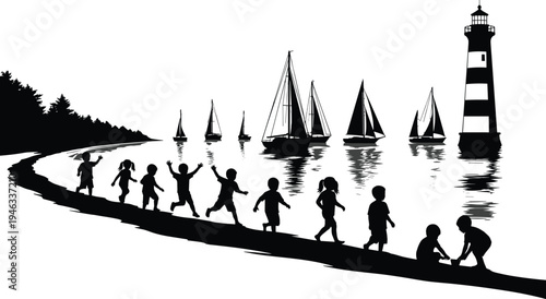 Black vector silhouette illustration of children playing on a beach with sailboats and a lighthouse in the ocean for summer coastal vacation design