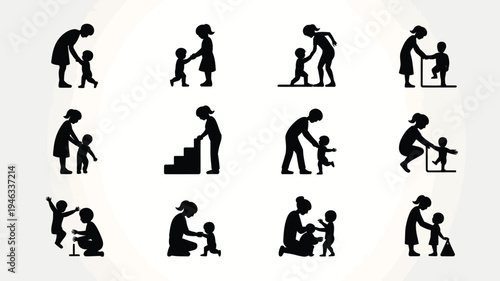 Black silhouettes of adults and children interacting playing and engaging in various activities on white background