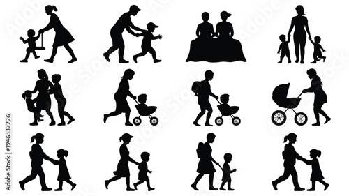 Silhouettes of parents and children playing walking and pushing strollers on white background family moments graphic design