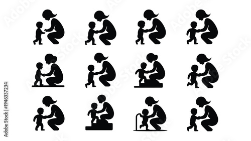 Black silhouette icons of adults and children interacting playing and teaching in various poses and activities on white background