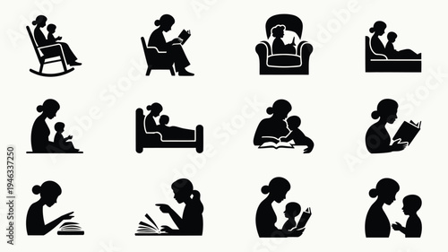 Minimalist black silhouettes of mothers and children in various intimate moments reading and resting together