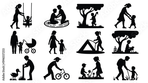 Family silhouette icons set for design parents and kids engaged in leisure activities