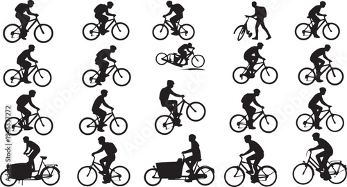 Bicycle riders silhouette set vector illustration. A collection of different cycling poses and bike types for sports and transport design.